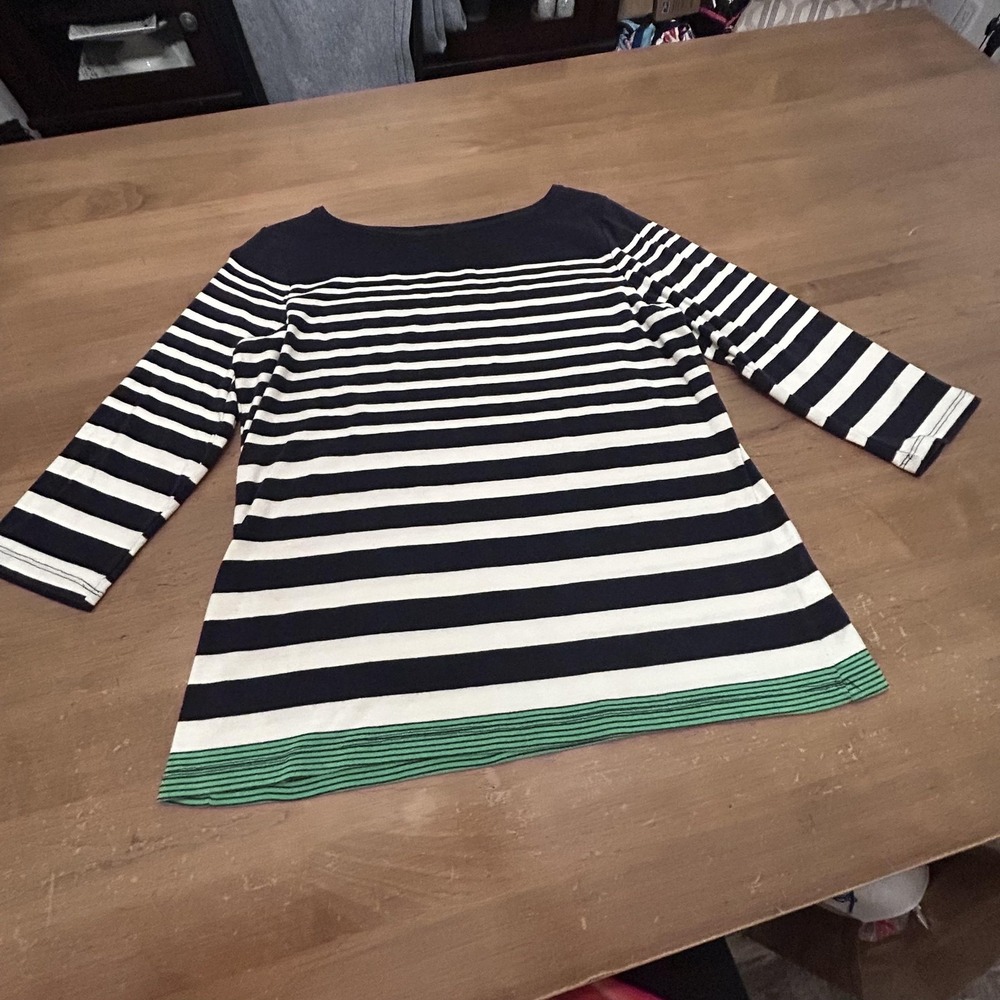 Talbots Shirt Womens 1X Navy White Striped Boatneck 3/4 Sleeve Cotton Top Breton